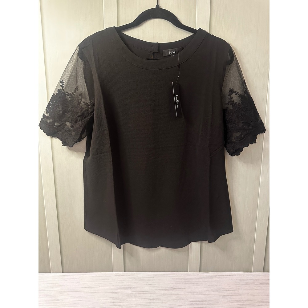 Lulus Large Black Short Sleeve Blouse Mesh Embroidered Lace Trim Top NWT